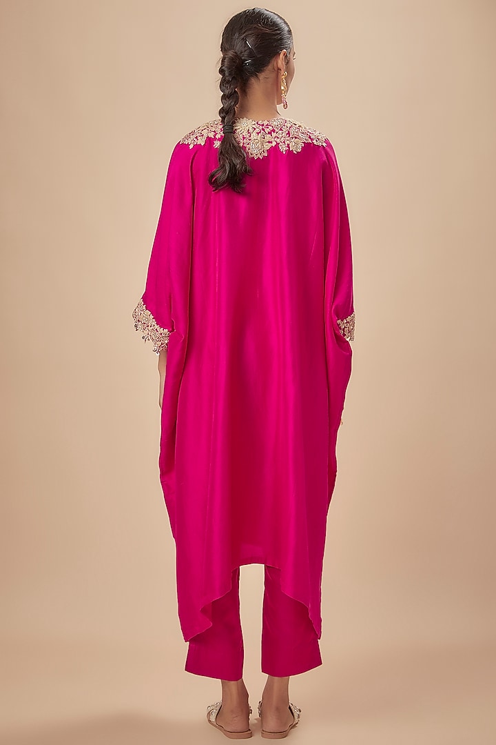 Fuchsia Silk Resham Embroidered Kaftan Set by Prisho at Pernia's Pop Up Shop