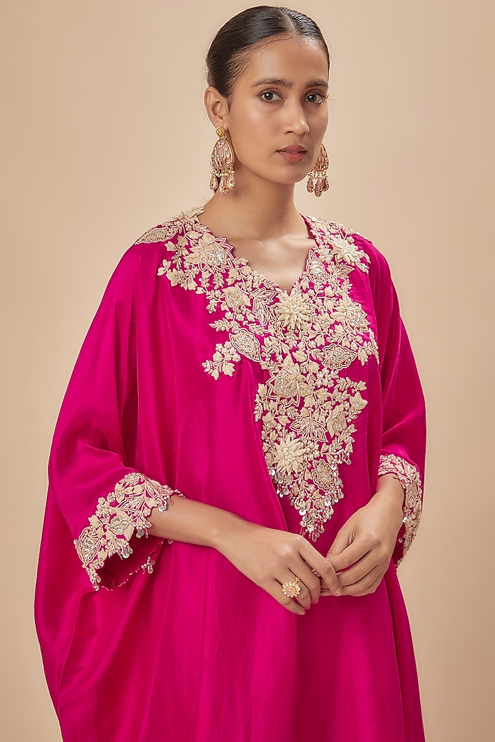 Fuchsia Silk Resham Embroidered Kaftan Set by Prisho at Pernia's Pop Up Shop