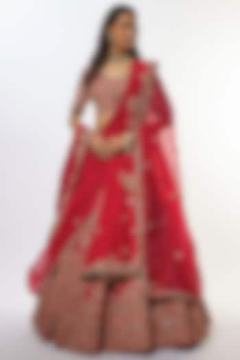 Red Organza Zari Work Bridal Lehenga Set by Prisho at Pernia's Pop Up Shop