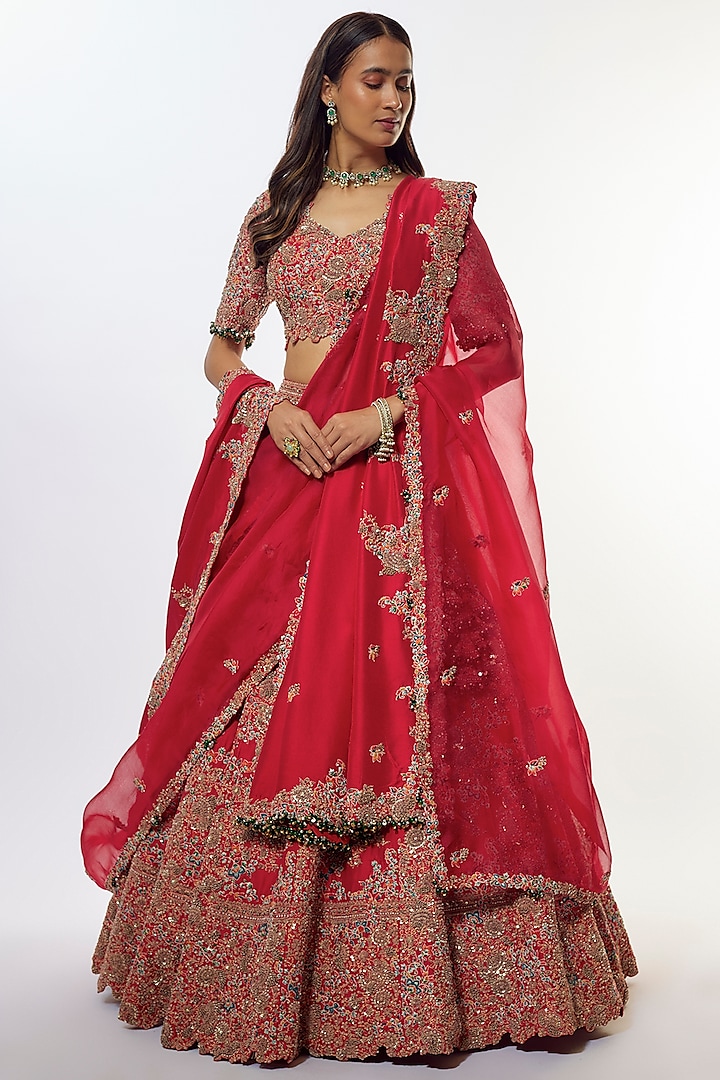 Red Organza Zari Work Bridal Lehenga Set by Prisho at Pernia's Pop Up Shop