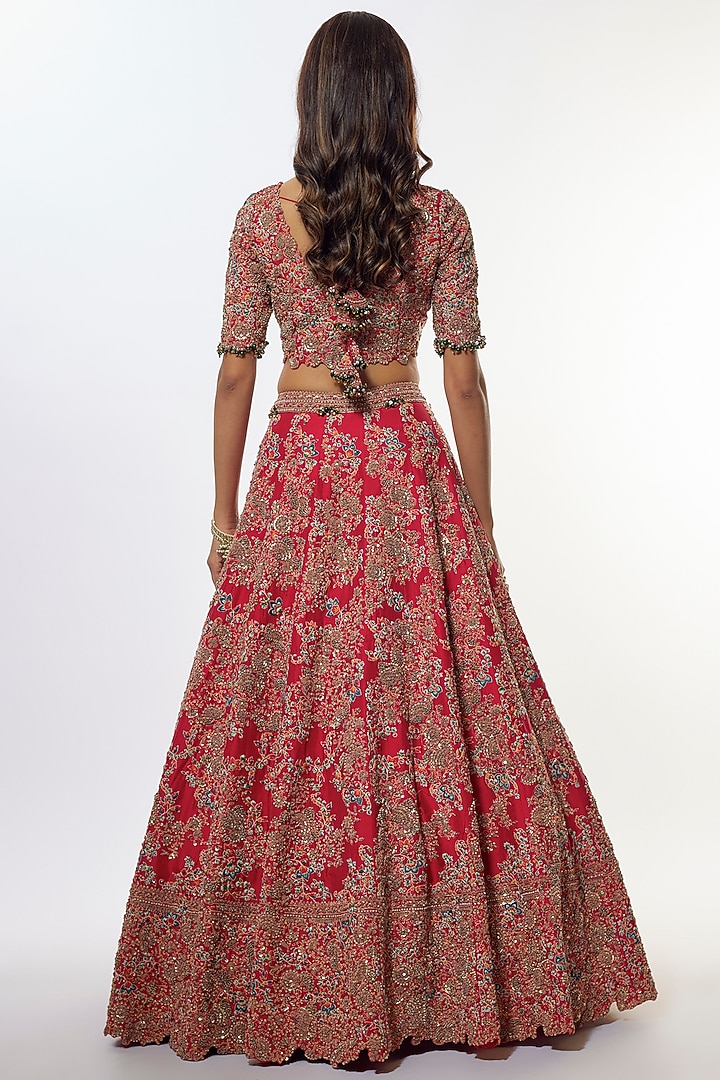 Red Organza Zari Work Bridal Lehenga Set by Prisho at Pernia's Pop Up Shop