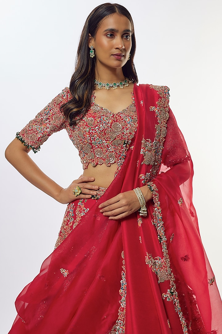 Red Organza Zari Work Bridal Lehenga Set by Prisho at Pernia's Pop Up Shop