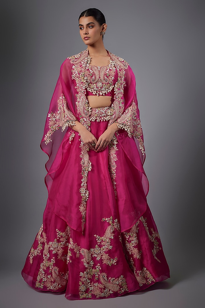 Fuchsia Pink Organza Dori Work Jacket Wedding Lehenga Set by Prisho at Pernia's Pop Up Shop