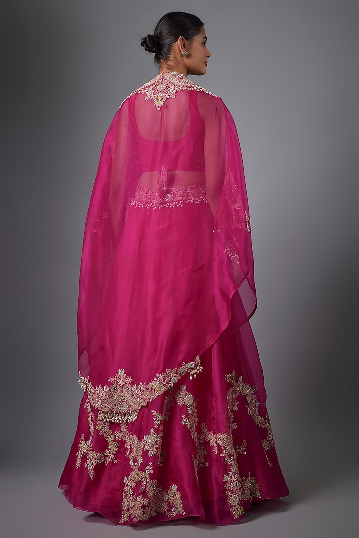 Fuchsia Pink Organza Dori Work Jacket Bridal Lehenga Set by Prisho at Pernia's Pop Up Shop