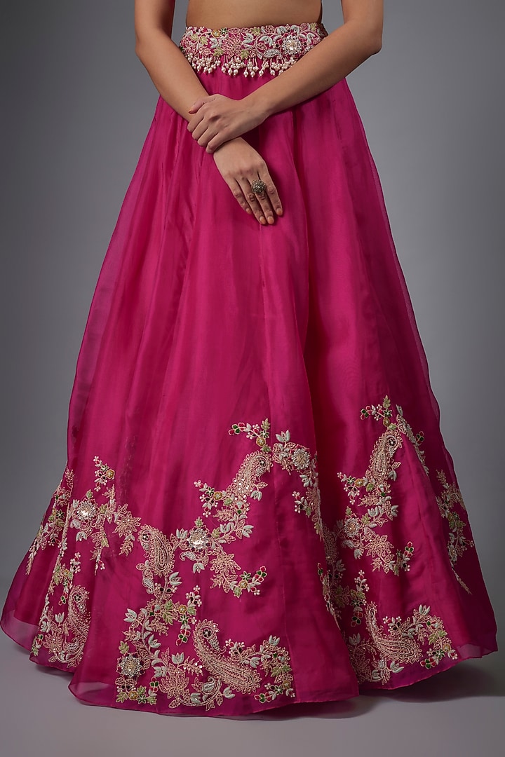 Fuchsia Pink Organza Dori Work Jacket Bridal Lehenga Set by Prisho at Pernia's Pop Up Shop