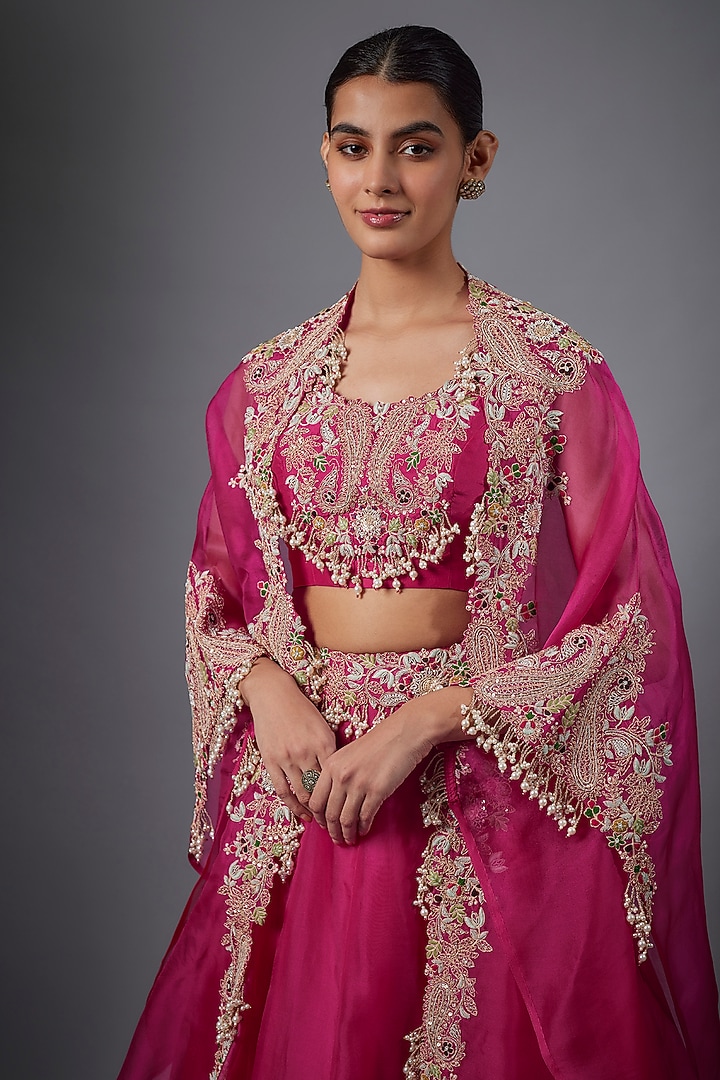 Fuchsia Pink Organza Dori Work Jacket Bridal Lehenga Set by Prisho at Pernia's Pop Up Shop