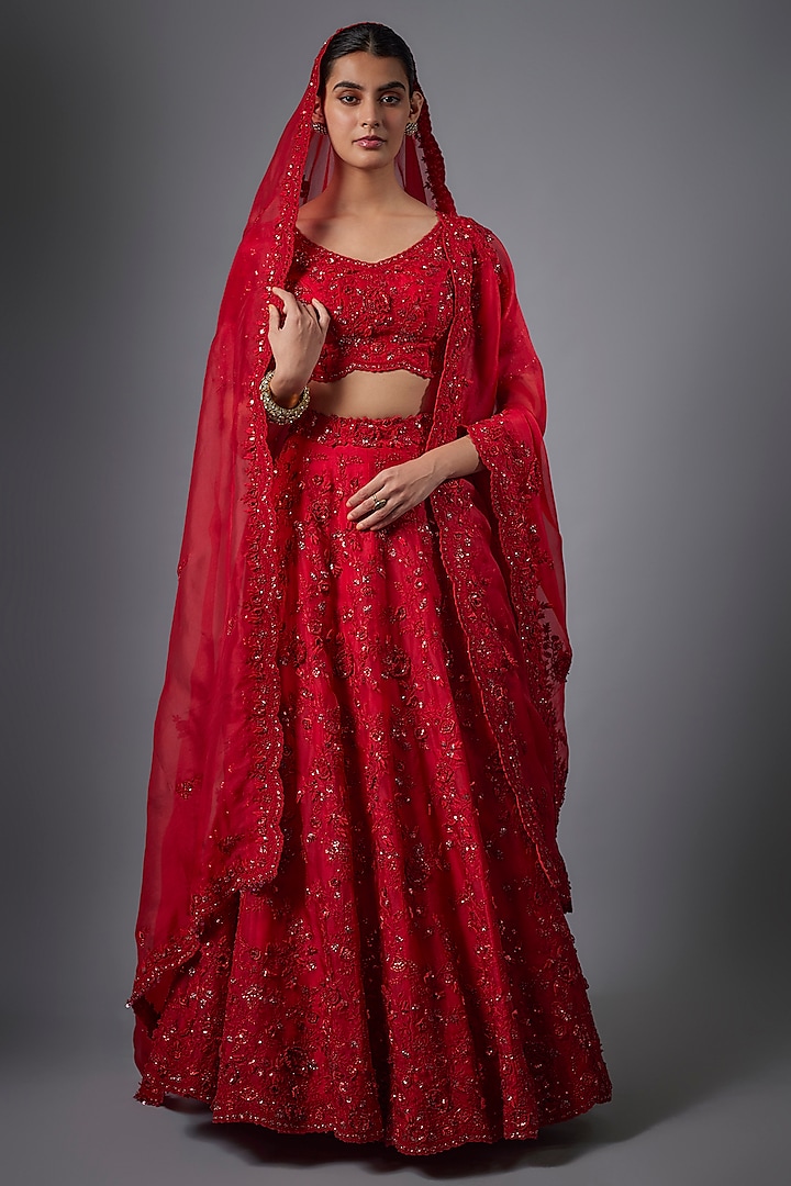 Red Organza Resham Work Bridal Lehenga Set by Prisho at Pernia's Pop Up Shop