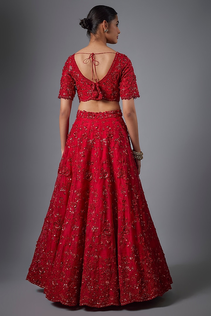 Red Organza Resham Work Bridal Lehenga Set by Prisho at Pernia's Pop Up Shop