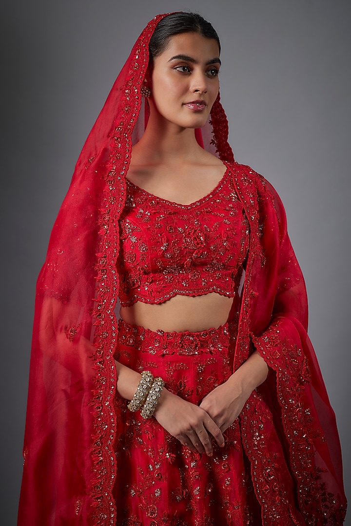 Red Organza Resham Work Bridal Lehenga Set by Prisho at Pernia's Pop Up Shop