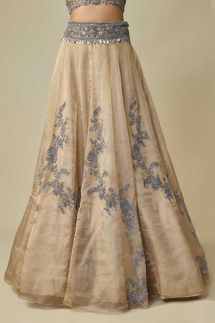 Beige Tissue Zari Work Bridal Lehenga Set by Prisho at Pernia's Pop Up Shop