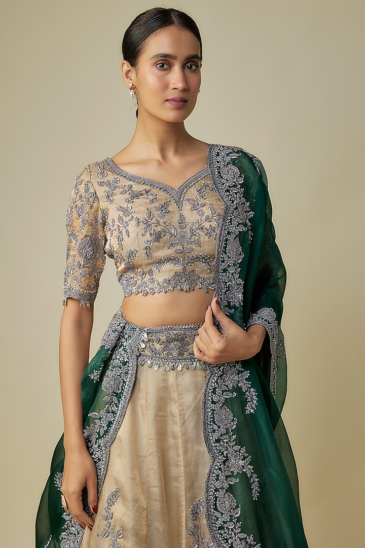 Beige Tissue Zari Work Bridal Lehenga Set by Prisho at Pernia's Pop Up Shop