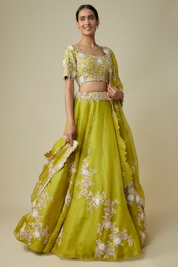 Lime Green Organza Resham Work Bridal Lehenga Set by Prisho at Pernia's Pop Up Shop