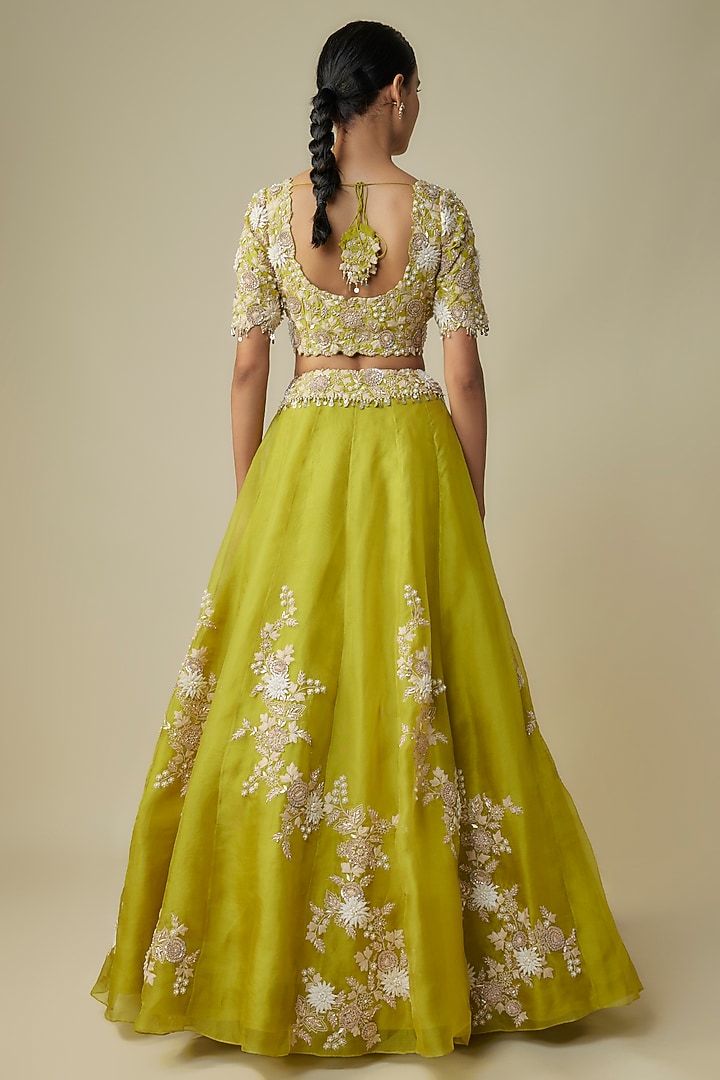 Lime Green Organza Resham Work Bridal Lehenga Set by Prisho at Pernia's Pop Up Shop