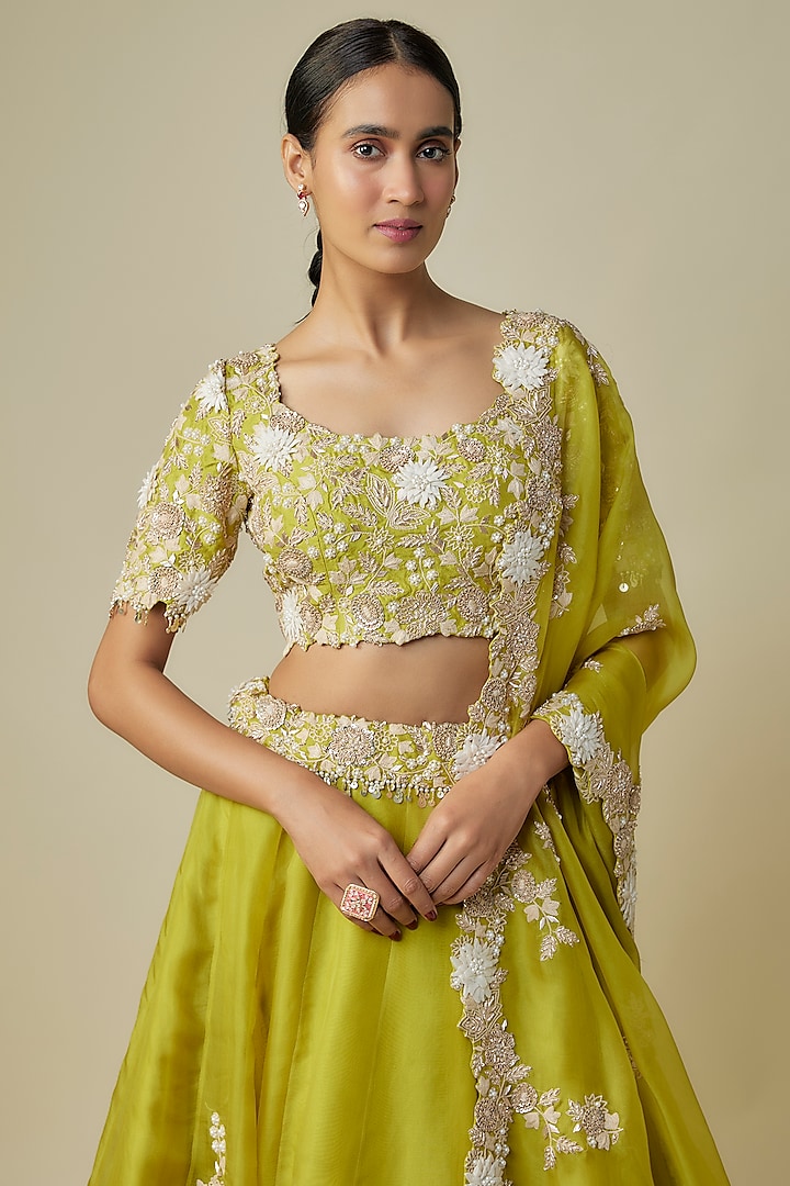 Lime Green Organza Resham Work Bridal Lehenga Set by Prisho at Pernia's Pop Up Shop