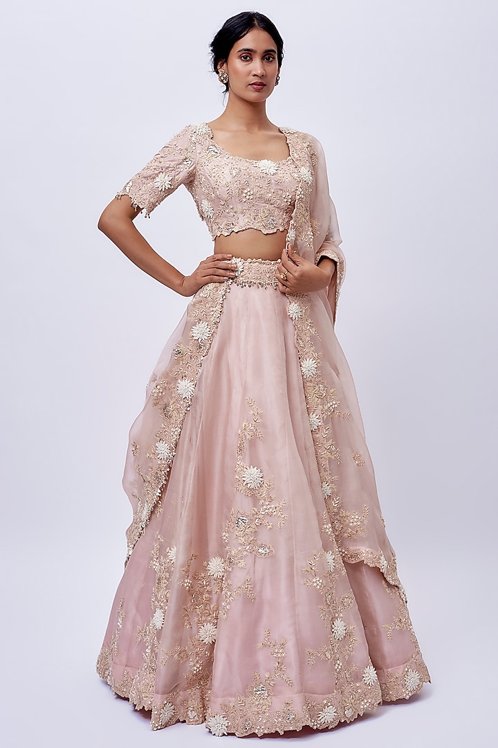 Flamingo Pink Organza Resham Work Bridal Lehenga Set by Prisho at Pernia's Pop Up Shop