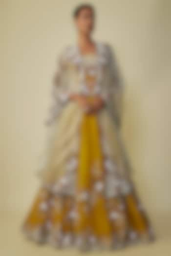 Mustard Organza Thread Work Jacket Bridal Lehenga Set by Prisho at Pernia's Pop Up Shop