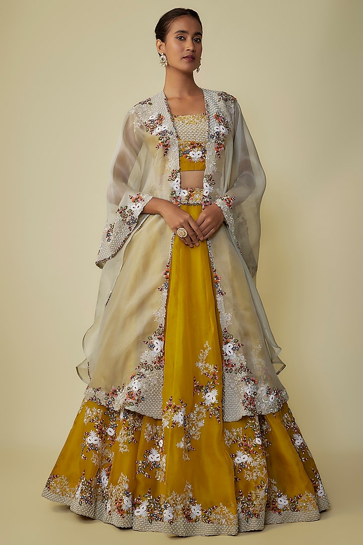 Mustard Organza Thread Work Jacket Bridal Lehenga Set by Prisho at Pernia's Pop Up Shop