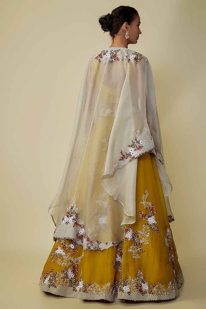 Mustard Organza Thread Work Jacket Bridal Lehenga Set by Prisho at Pernia's Pop Up Shop