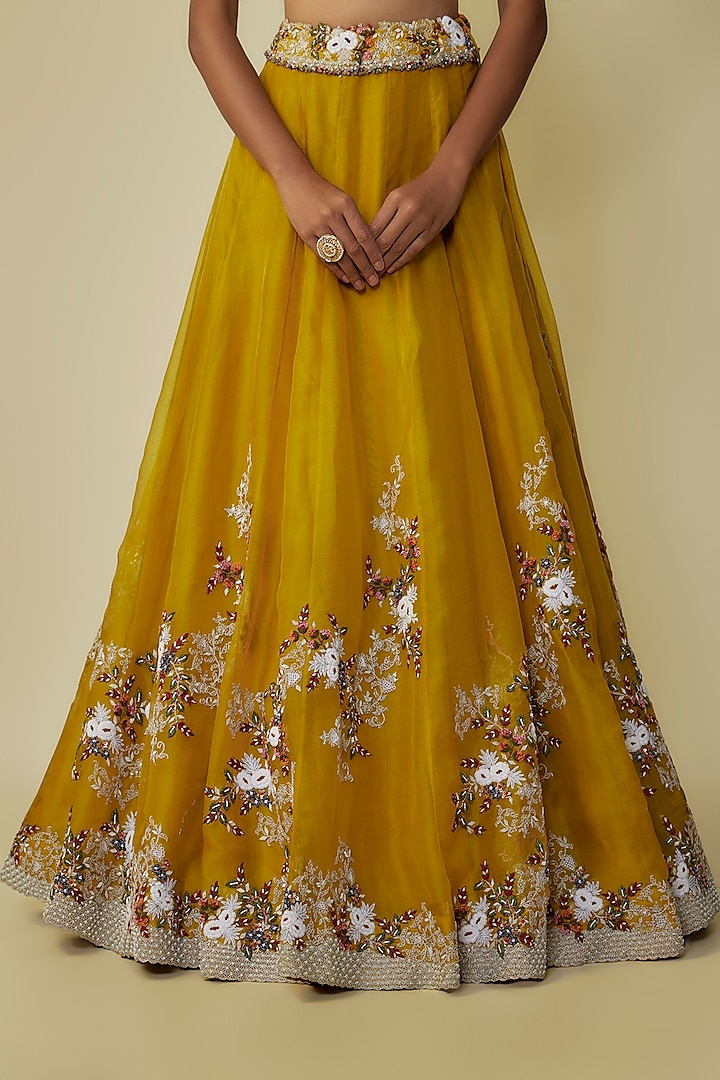Mustard Organza Thread Work Jacket Bridal Lehenga Set by Prisho at Pernia's Pop Up Shop