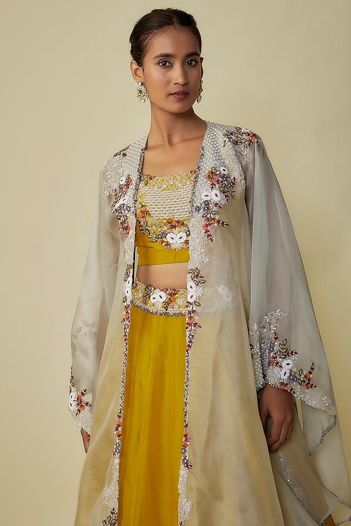 Mustard Organza Thread Work Jacket Bridal Lehenga Set by Prisho at Pernia's Pop Up Shop