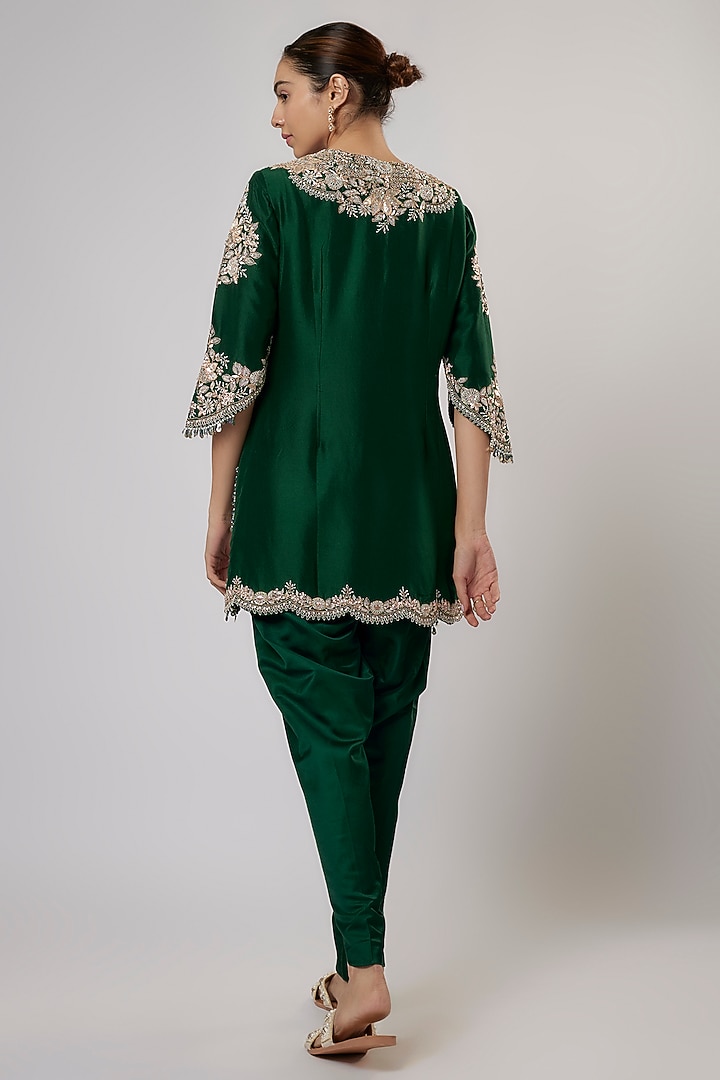 Bottle Green Silk Zari Work Kurta Set by Prisho at Pernia's Pop Up Shop