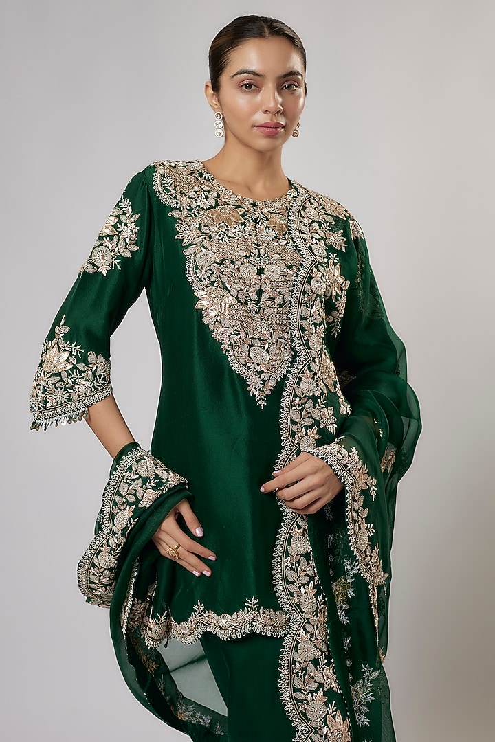 Bottle Green Silk Zari Work Kurta Set by Prisho at Pernia's Pop Up Shop