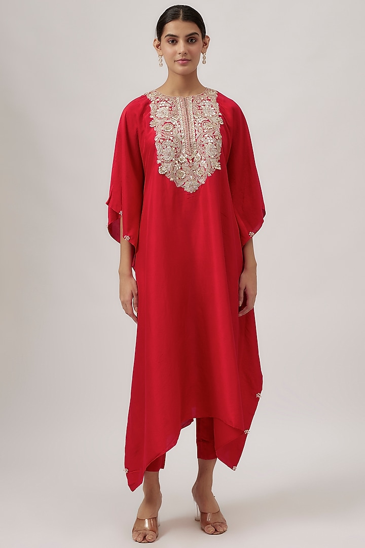 Red Silk Gota Work Kaftan Set by Prisho at Pernia's Pop Up Shop