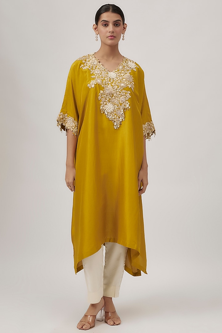 Mustard & Ivory Silk Resham Work Kaftan Set by Prisho at Pernia's Pop Up Shop