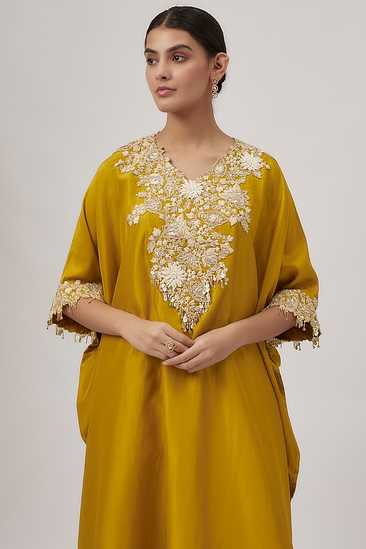 Mustard & Ivory Silk Resham Work Kaftan Set by Prisho at Pernia's Pop Up Shop