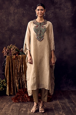 Beige Crushed Tissue Dori Embroidered Kaftan Set by Prisho