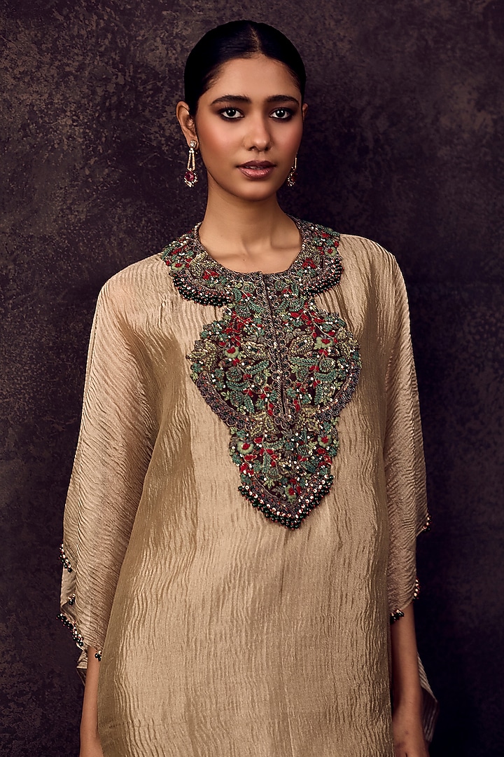 Beige Crushed Tissue Dori Embroidered Kaftan Set by Prisho at Pernia's Pop Up Shop