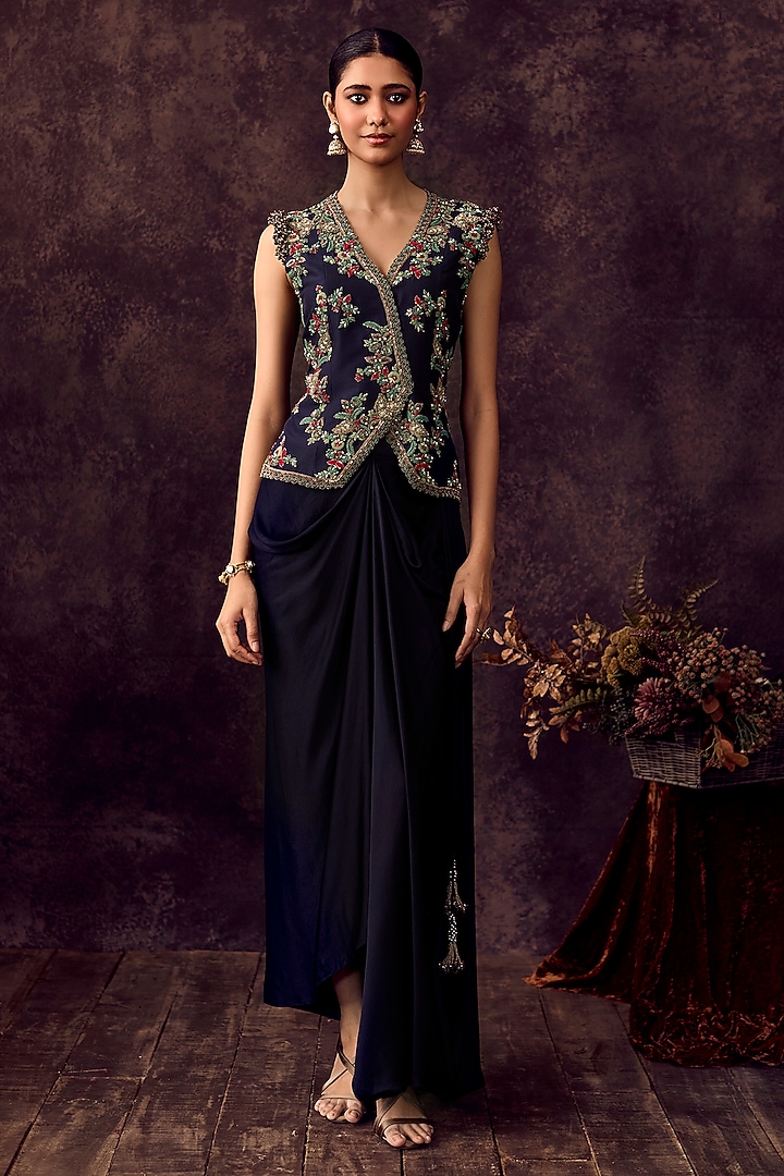 Royal Blue Modal Satin Draped Skirt Set by Prisho at Pernia's Pop Up Shop