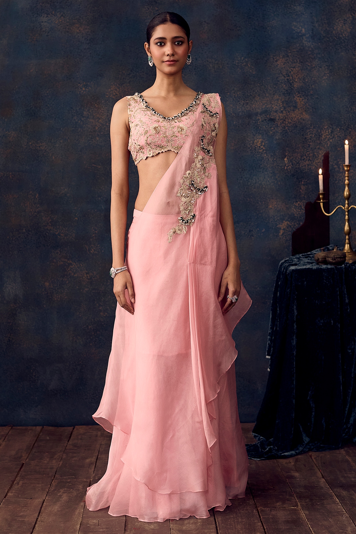Prisho Flamingo Pink Silk & Organza Draped Saree Set