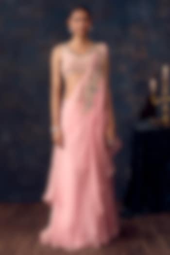 Flamingo Pink Silk & Organza Draped Wedding Saree Set by Prisho at Pernia's Pop Up Shop