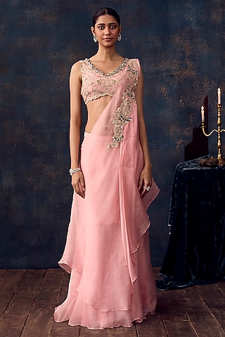 Flamingo Pink Silk & Organza Draped Saree Set by Prisho