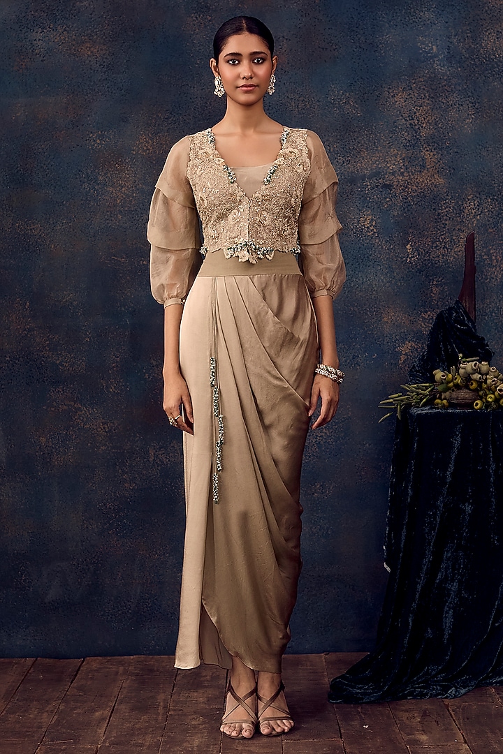 Beige Silk Resham Embroidered Jacket Set by Prisho at Pernia's Pop Up Shop