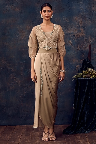 Beige Silk Resham Embroidered Jacket Set by Prisho