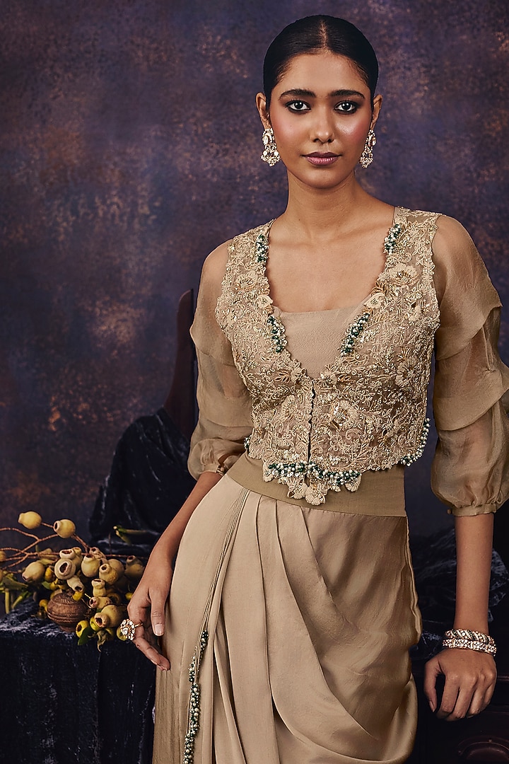 Beige Silk Resham Embroidered Jacket Set by Prisho at Pernia's Pop Up Shop