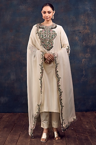 Ivory Silk Dori Embroidered Kurta Set by Prisho