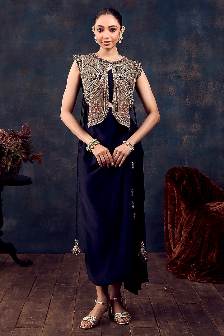 Royal Blue Modal Satin Draped Skirt Set by Prisho at Pernia's Pop Up Shop