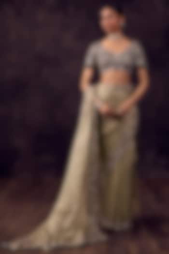 Blush Aqua Tissue Mirror Embroidered Reception Saree Set by Prisho at Pernia's Pop Up Shop