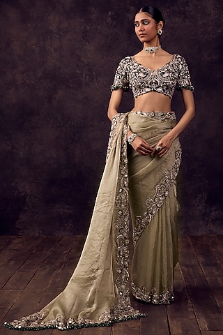 Blush Aqua Tissue Mirror Embroidered Saree Set by Prisho