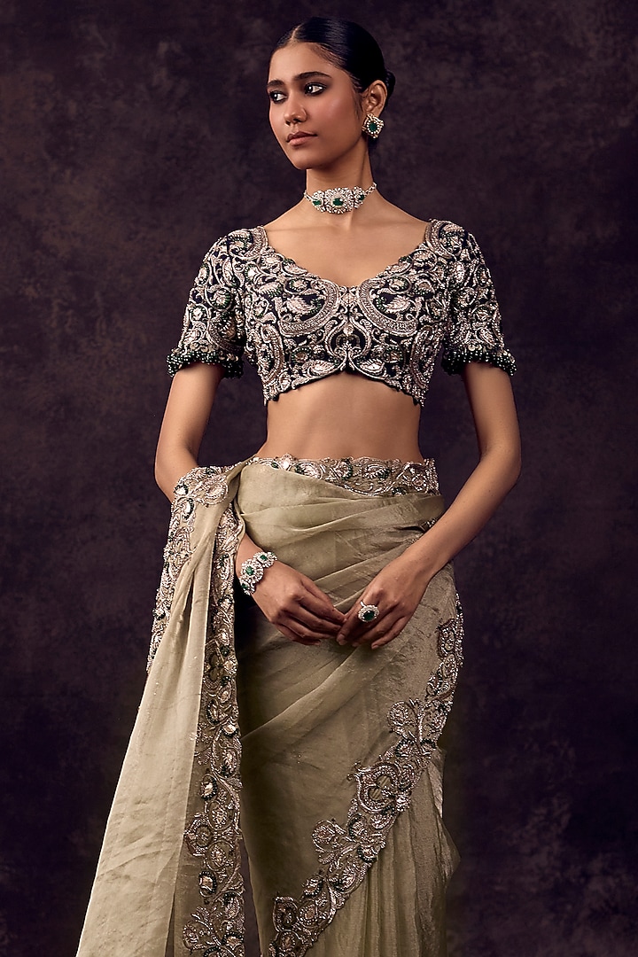 Blush Aqua Tissue Mirror Embroidered Reception Saree Set by Prisho at Pernia's Pop Up Shop