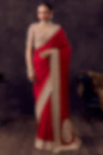 Cherry Red Silk Resham Embroidered Reception Saree Set by Prisho at Pernia's Pop Up Shop