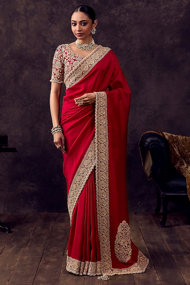 Cherry Red Silk Resham Embroidered Reception Saree Set by Prisho at Pernia's Pop Up Shop