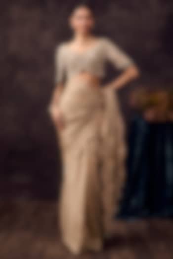 Beige Tissue Resham Embroidered Reception Saree Set by Prisho at Pernia's Pop Up Shop