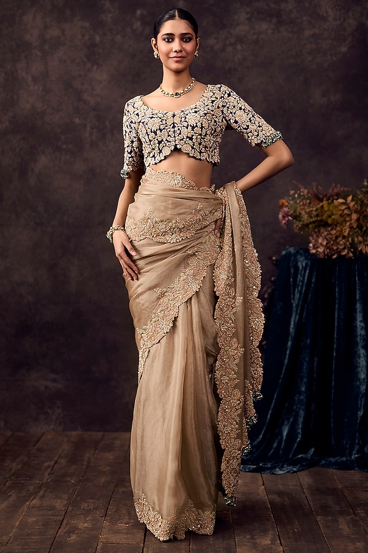 Beige Tissue Resham Embroidered Reception Saree Set by Prisho at Pernia's Pop Up Shop