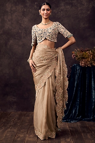 Beige Tissue Resham Embroidered Saree Set by Prisho