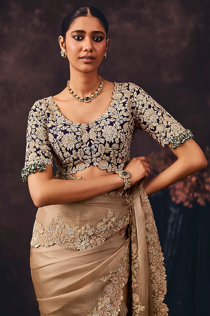 Beige Tissue Resham Embroidered Reception Saree Set by Prisho at Pernia's Pop Up Shop