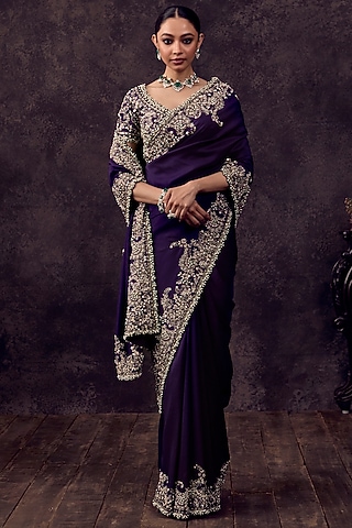 Dark Purple Silk Resham Embroidered Saree Set by Prisho